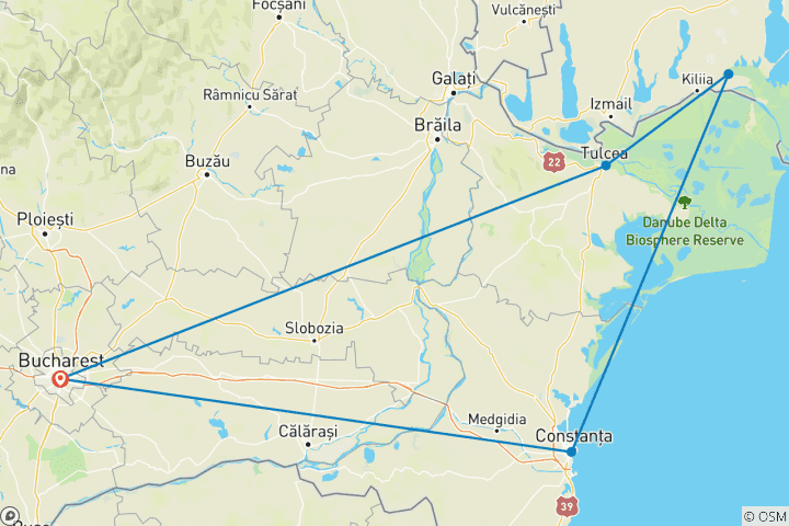 Mapa de Circuito por el delta del Danubio desde Bucarest