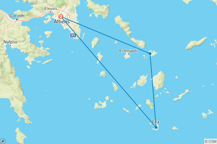 Carte du circuit Athènes culturelle et visite de l'île de Mykonos - Santorin autoguidée