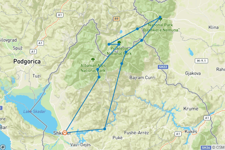 Map of Peaks of the Balkans - Hiking Beyond Borders in Albania, Kosvovo & Montenegro (12 Days)