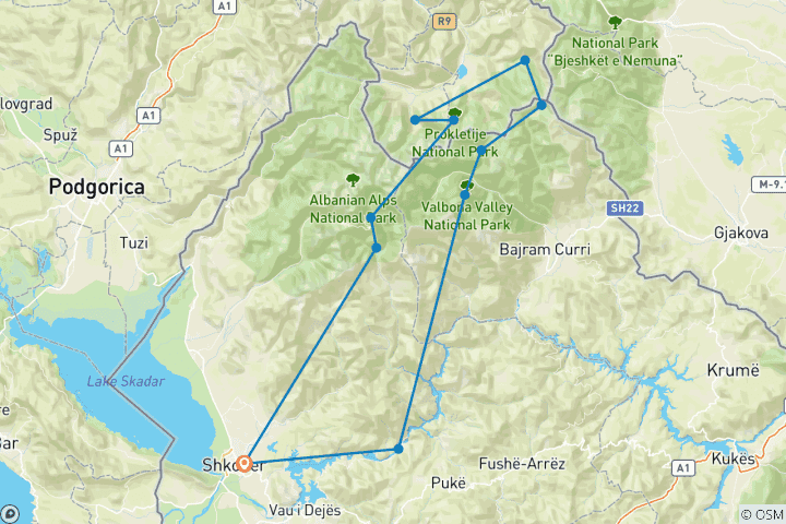 Kaart van Pieken van de Balkan - Grensoverschrijdende trektocht in Albanië & Montenegro (8 dagen)
