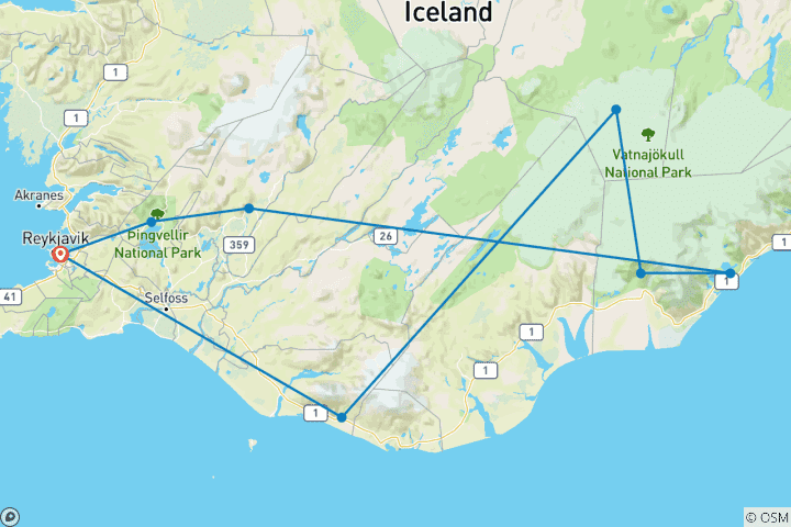 Map of 4 Day - Volcano Hike, Golden Circle, South Coast, Jökulsárlón & Ice Cave