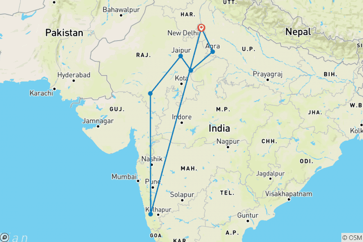 Mapa de 13 noches / 14 días - viaje a Rajastán con playas de Goa