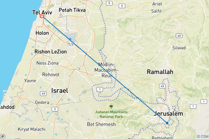 Mapa de Tel Aviv y Jerusalén - 4 días