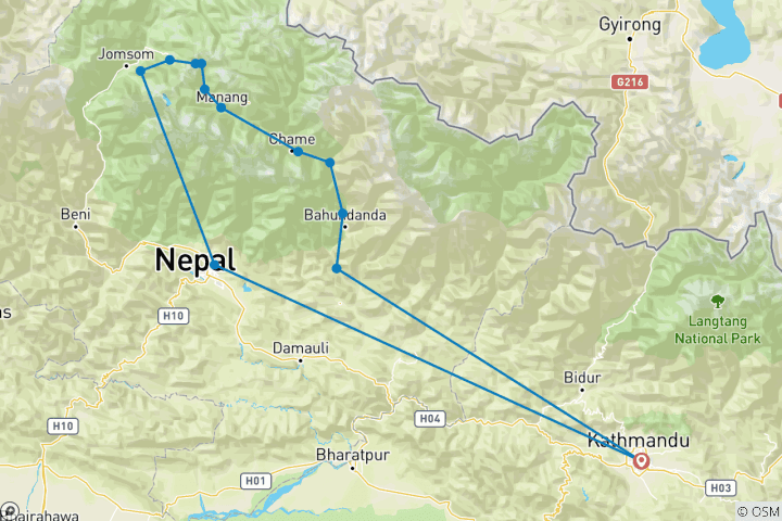 Mapa de Excursión por el Valle de Nar Phu-21 días por el Paso de Thorong-La