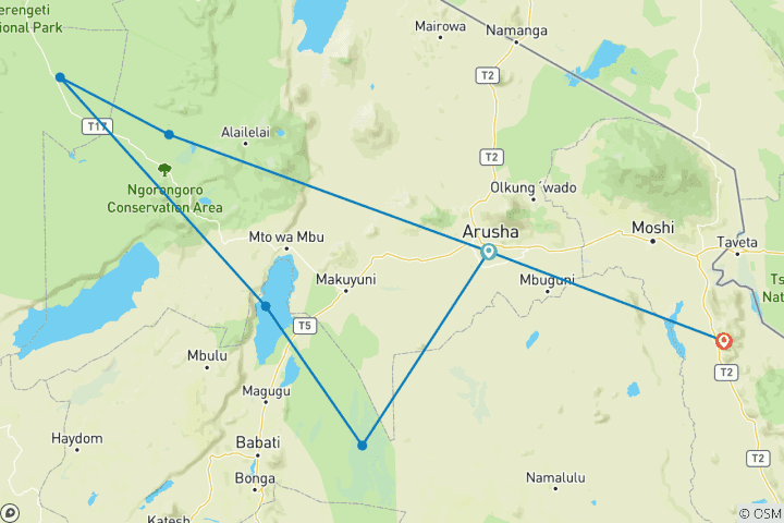 Map of 7 Days 6 Nights Mid Range Safari