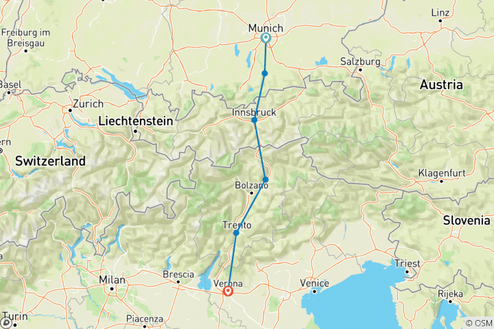 Mapa de Ruta ciclista por los Alpes