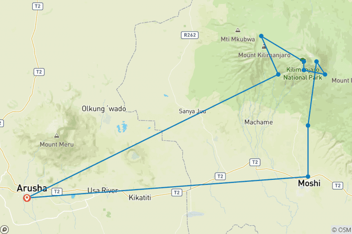 Map of Mount Kilimanjaro (highest in Africa) 6 days Machame route "whiskey route"