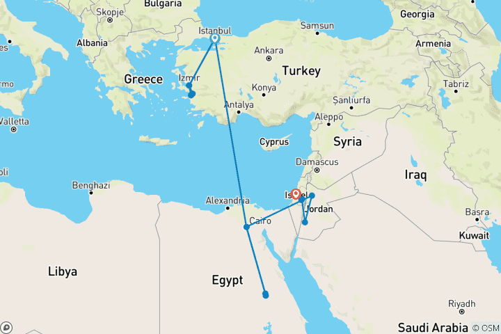 Carte du circuit 15 jours de découverte du Moyen-Orient : Turquie, Égypte, Jordanie et Israël (sur mesure)