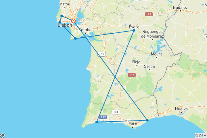 Carte du circuit Lisbonne et l'Algarve en 9 jours - Le meilleur de la mer et de la campagne