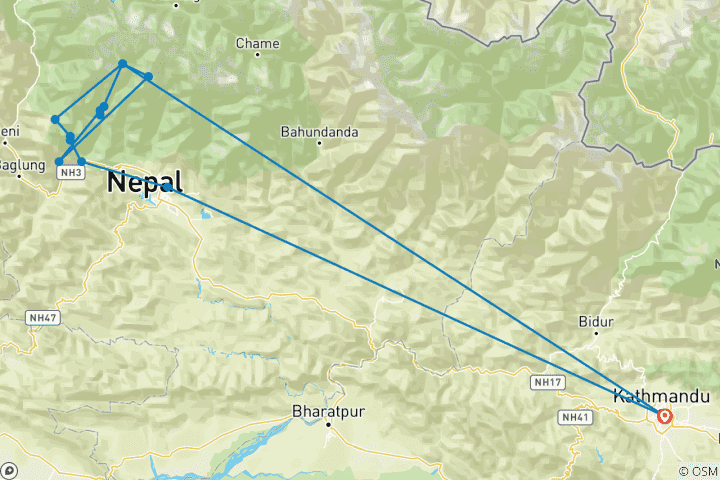 Mapa de Ghorepani Poon Hill ABC excursionismo - 16 días