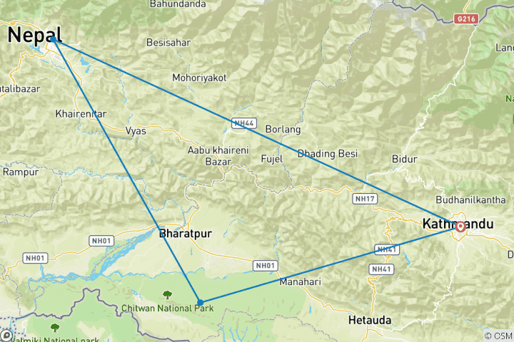 Map of Exploring the Golden Triangle of Nepal: Tour of Kathmandu, Chitwan, and Pokhara - 8 Days