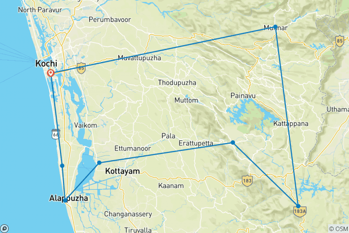 Map of Kerala Cycling Holidays