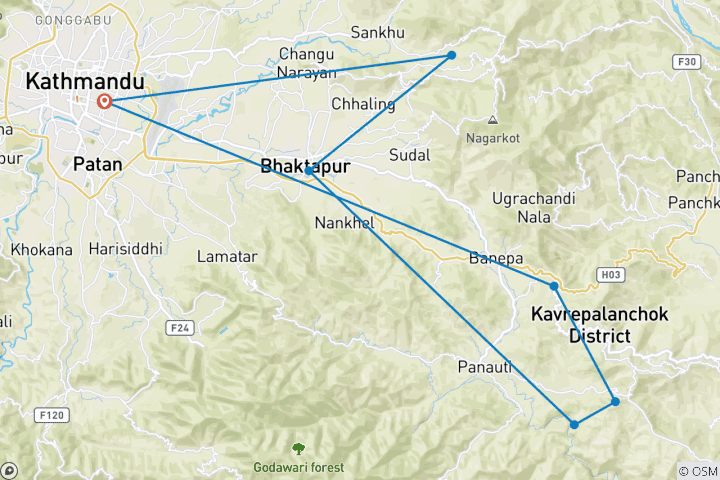 Mapa de Circuito a Katmandú Mandala combinada excursión de senderismo en el pueblo de Balthali