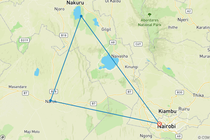 Carte du circuit Safari 4 jours au Masai Mara et au lac Nakuru (Midrange)