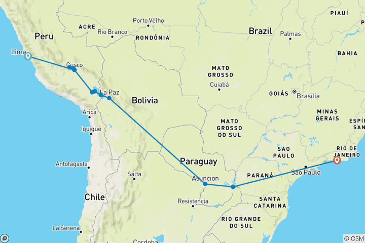 Map of Journey Across South America - 19 Days