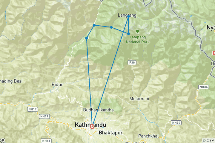 Kaart van Korte Langtang Vallei Trek