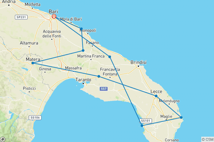 Carte du circuit Road Trip dans les Pouilles au printemps - Au départ de Bari