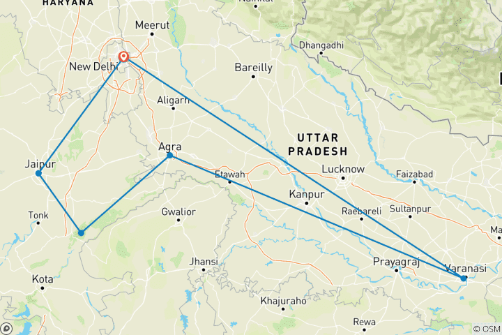 Map of Golden Triangle with Ranthambhore Tiger Park and Varanasi From Delhi