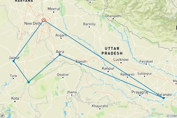 Carte du circuit Triangle d'Or avec Ranthambhore Tiger Park et Varanasi au départ de Delhi