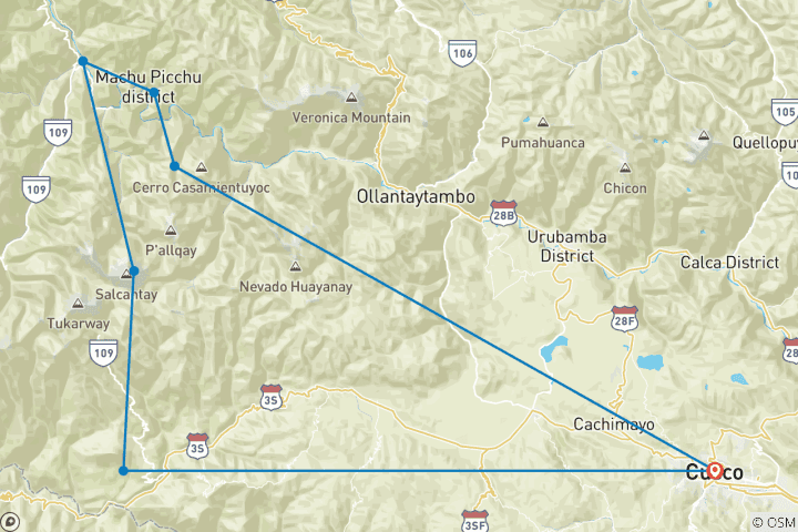 Mapa de Caminata de 5 días de Salkantay a Machu Picchu