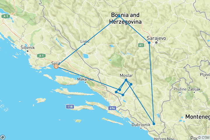 Carte du circuit Circuit découverte de la Bosnie en 6 jours au départ de Split. Visitez les principales attractions de la Bosnie et profitez de la nature, du vin, de l'histoire, de la culture et de la cuisine.