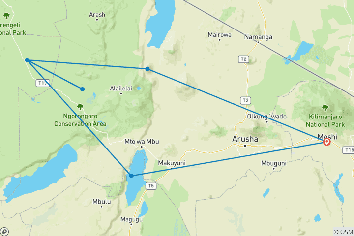 Carte du circuit Safari Eyasi, Natron, Manyara, Serengeti et Ngorongoro - 6 jours