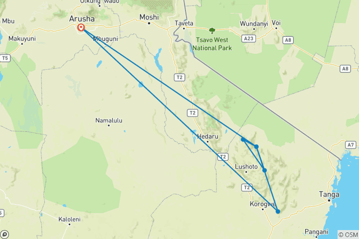 Mapa de Senderismo de 6 días por el monte Usambara