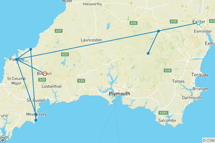 Carte du circuit Visite à pied du Devon et des Cornouailles