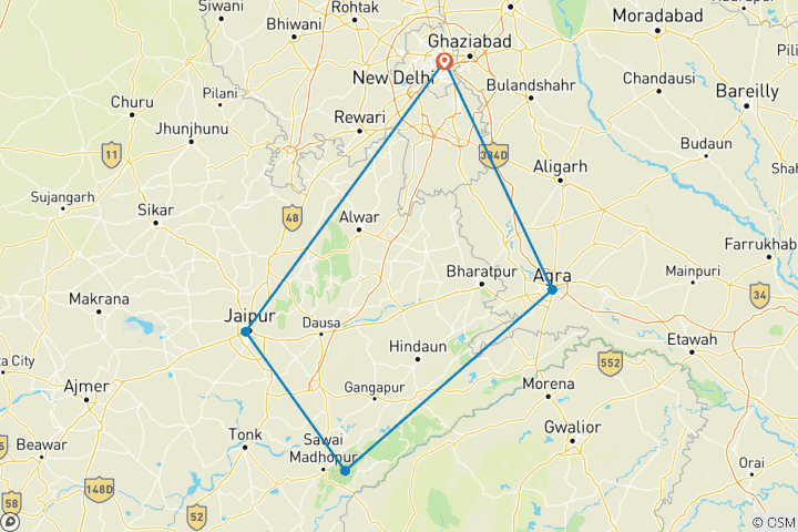 Map of Golden Triangle With Ranthambhore Tigers- Taj Mahal Sunrise/Sunset 5 day