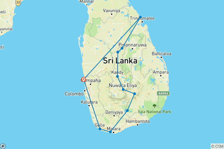 Map of Sri Lanka Hopper Summer vacation with 15 Days [4* Beach Holiday]