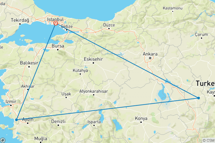 Carte du circuit 3 jours d'excursion en Cappadoce et à Éphèse au départ d'Istanbul en avion