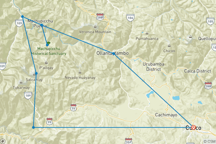 Map of Salkantay Trek  to Machupicchu 5 days / 4 night