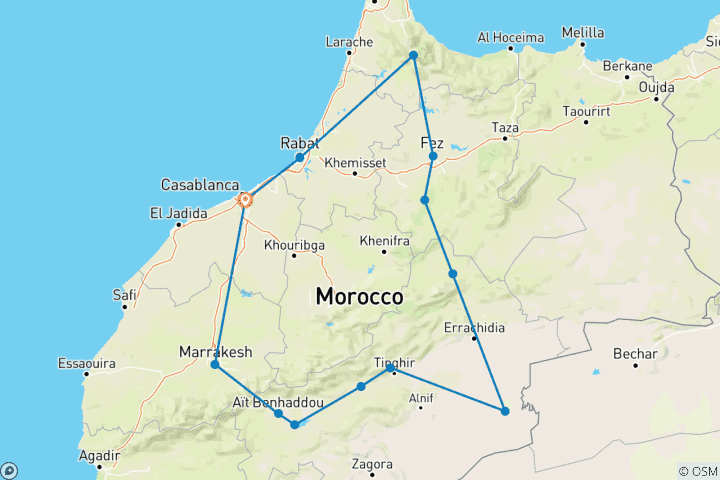 Kaart van 9 dagen Rondreis door vanuit Casablanca Het beste van van Marokko