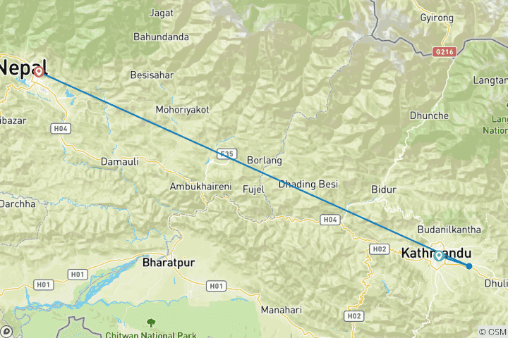 Mapa de Pokhara Katmandú - circuito de 1 semana