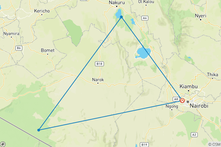 Mapa de Safari en grupo de 4 días y 3 noches por Masai Mara y el lago Nakuru