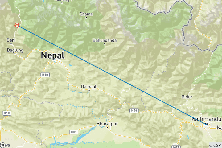 Map of Full-Day Bungee Jumping Adventure from Kathmandu