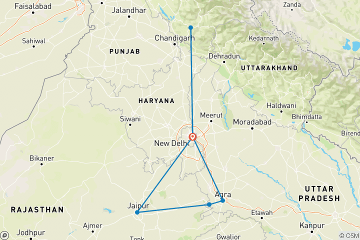 Kaart van 10 dagen 9 nachten Gouden Driehoek Tour met Shimla