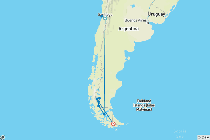 Carte du circuit Nature sauvage et merveilles : Un voyage de Santiago à Ushuaia