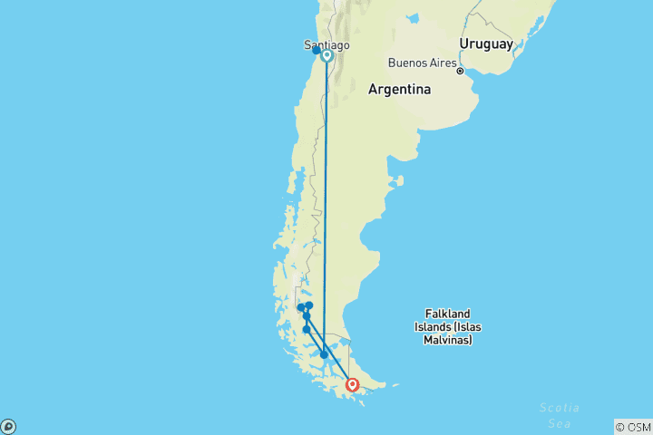 Map of Classic Patagonia Tour: From Santiago de Chile to Ushuaia