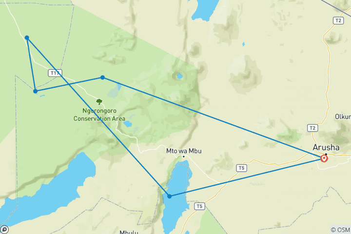 Carte du circuit Safari migration de 6 jours - Cratère de Ngorogoro / Ndutu / Serengeti central