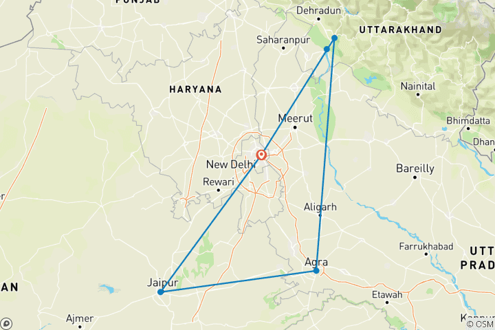 Carte du circuit Triangle d'or avec Haridwar et Rishikesh 9 jours tout compris