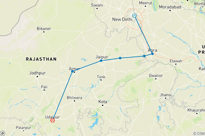 Map of Golden Triangle with Udaipur - 8 Days