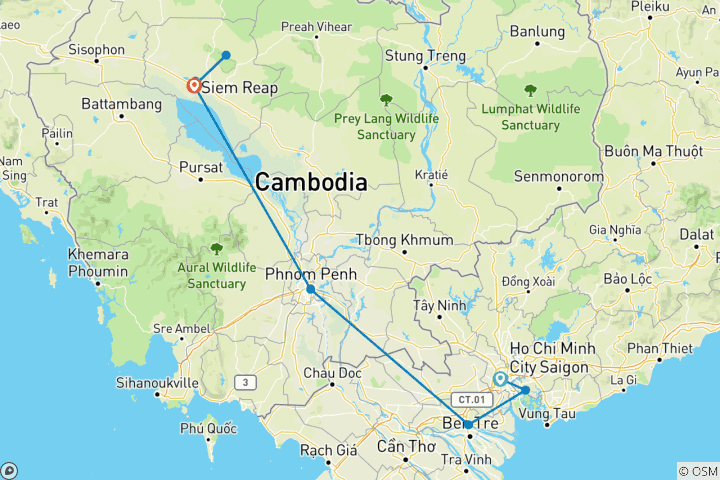 Kaart van 10-daagse rondreis door Zuid-Vietnam & Cambodja