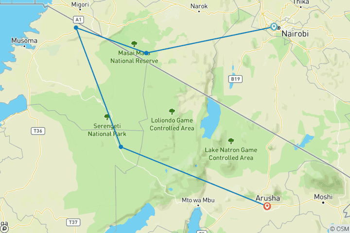 Map of 5 Days, 4 Nights Kenya And Tanzania Private Budget Camping Safari Package with Complimentary Airport Pickup.