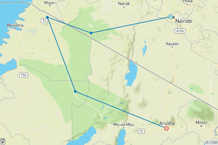 Map of 5 Days, 4 Nights Kenya And Tanzania Private Budget Camping Safari Package with Complimentary Airport Pickup.