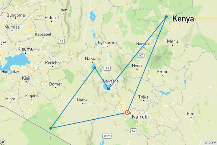 Map of 7 Days, 6 Nights Safari Package To Masai Mara, Lake Nakuru, Lake Naivasha/Hell’s Gate and Samburu National Reserve With Complimentary First Night Accommodation at After 40 Hotel Nairobi.