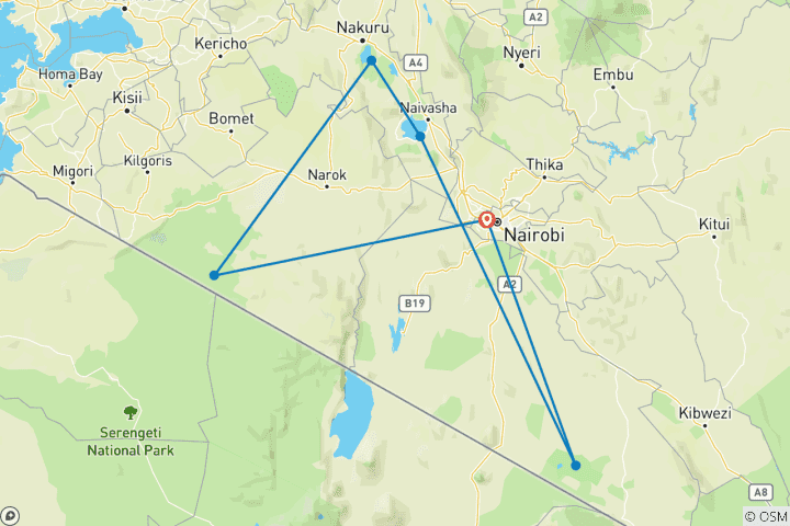 Map of 7 Days, 6 Nights Safari To Masai Mara, Lake Nakuru, Lake Naivasha And Amboseli Safari With Complimentary First Night Accommodation at After 40 Hotel Nairobi.