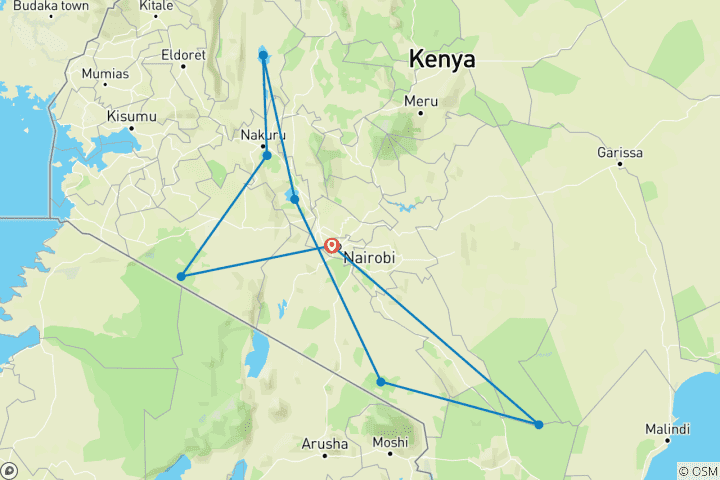 Map of 10 Days, 9 Nights Kenya Birding and Photography Experience In Masai Mara, Lake Naivasha, Lake Bogoria, Tsavo East And Amboseli with complimentary first night accommodation at Raha Suites Hotel.