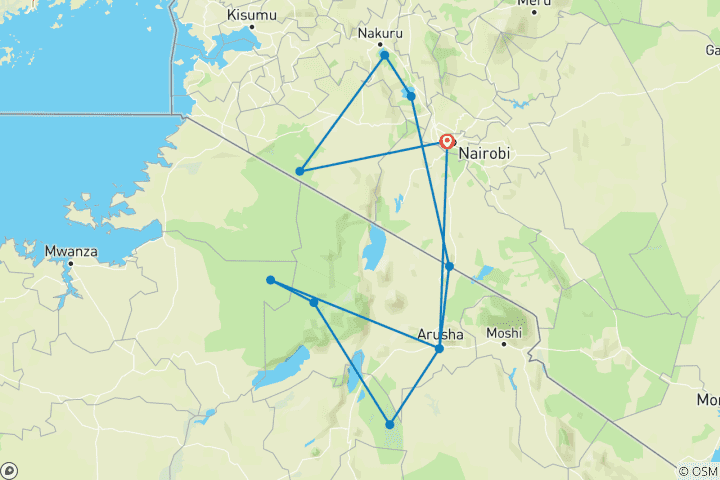 Map of 12 Days, 11 Nights Best of Kenya And Tanzania Budget Group Camping Safari with complimentary airport pick up and first night at Best Western Plus Hotel Westlands.