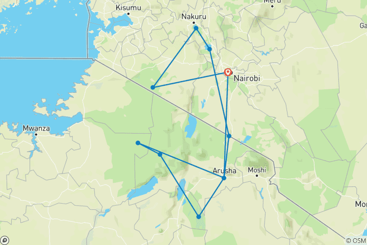 Mapa de Safari de campamento en grupo económico de 12 días y 11 noches por lo mejor de Kenia y Tanzania, con recogida gratuita en el aeropuerto y primera noche en el Best Western Plus Hotel Westlands.